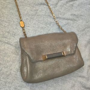 Stuart Weitzman Empire Crossbody Chain Strap Evening Bag Metallic Taupe